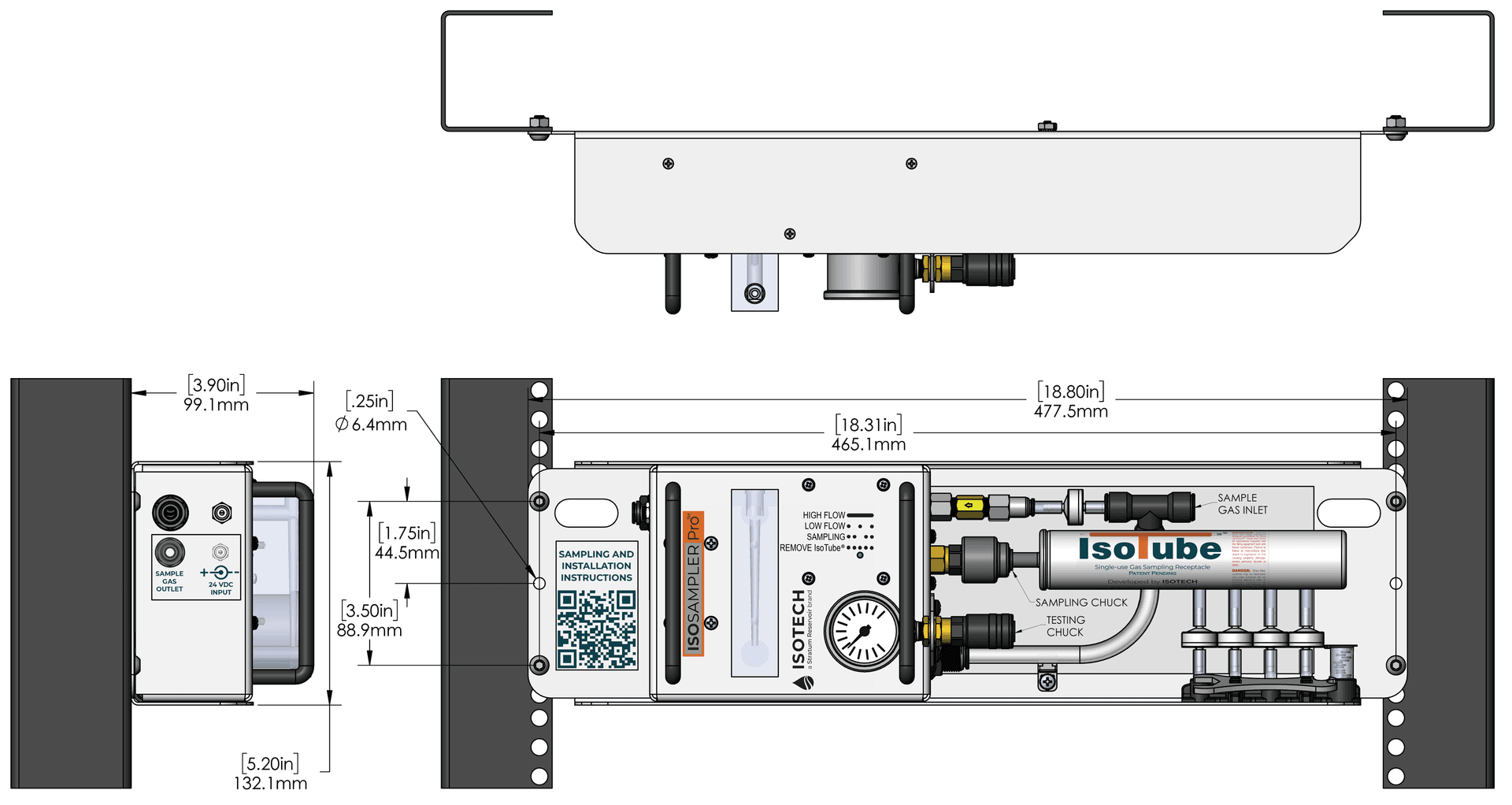 Top view, side view, and front view of the IsoSampler Pro