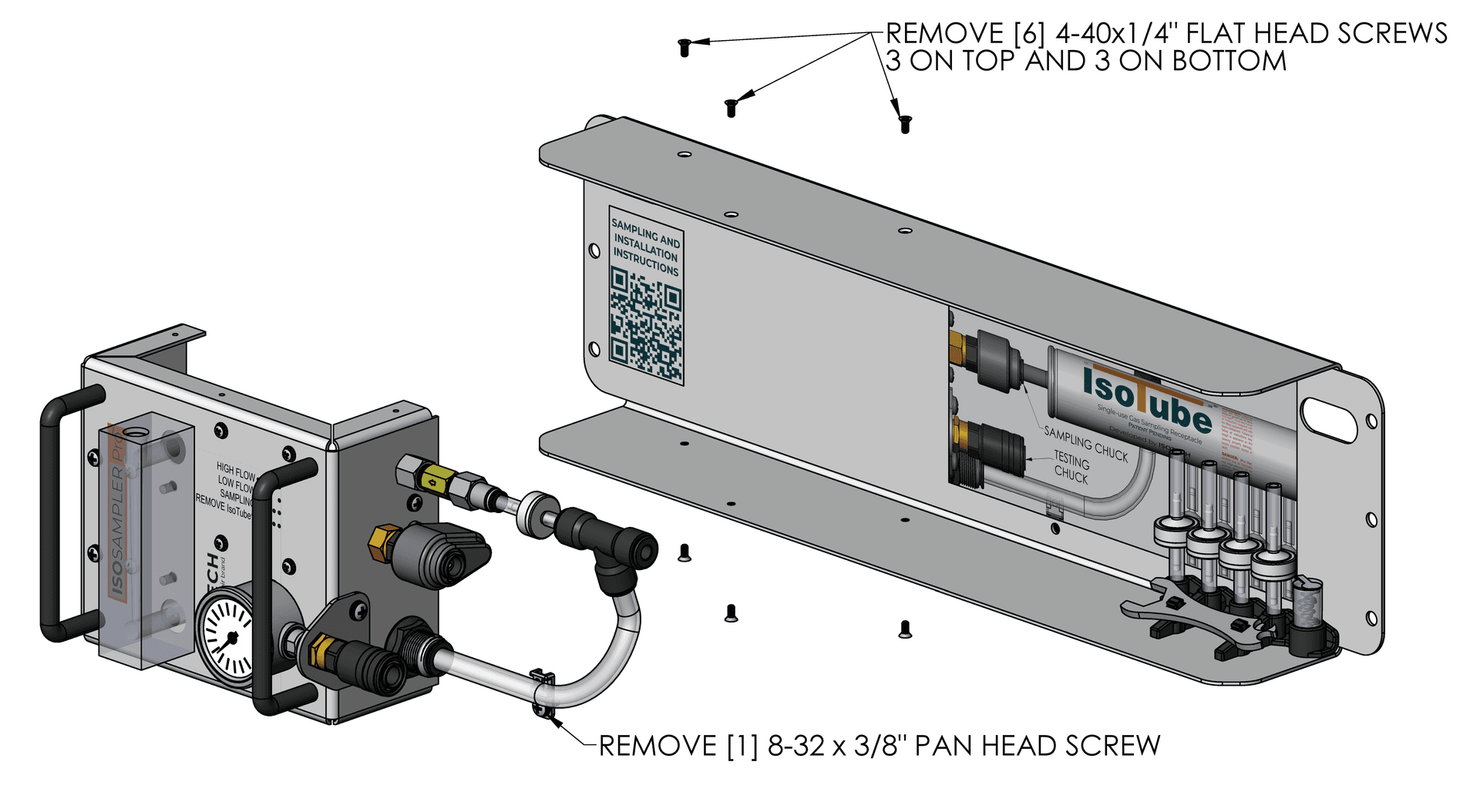 Remove 6 flat head screws (3 on top and 3 on bottom) and 1 pan head screw